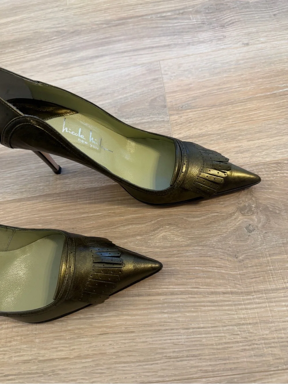Nicole Miller Olive Green Metallic Pointed-Toe Stiletto Pumps